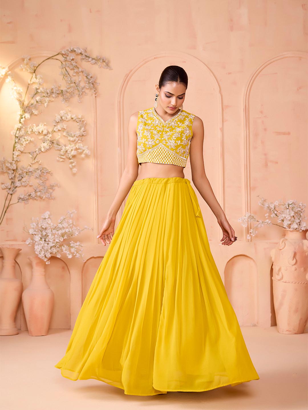 Yellow Embroidered Georgette Lehenga with Jacket for Women – Madhuram | Stitched Festive & Wedding Wear