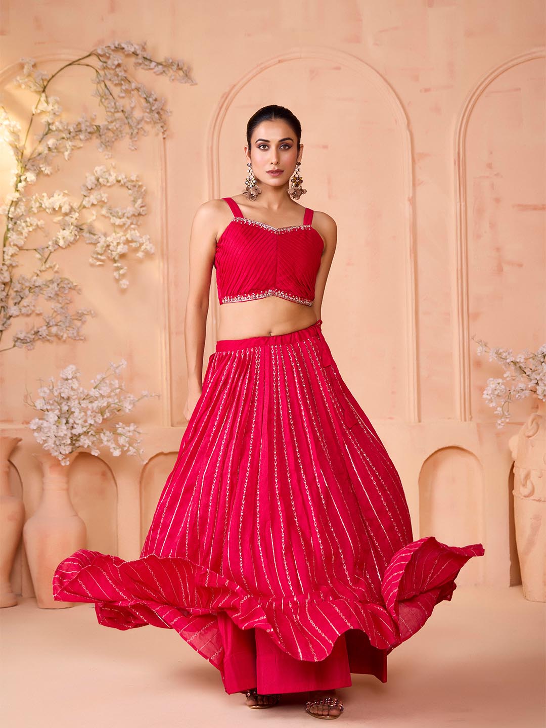 Pink Flared Lehenga Set with Self-Design Crop Top and Embroidered Shrug