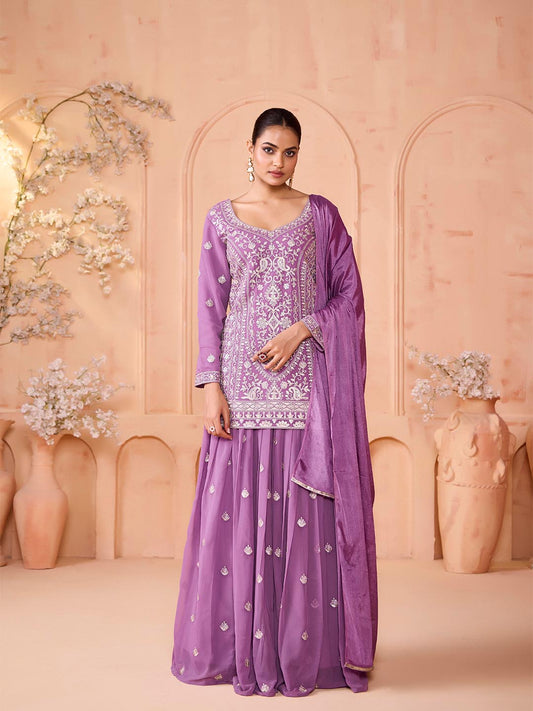 Madhuram Purple Georgette Embroidered Kurta Skirt Dupatta Set for Women - Festive Ethnic Wear