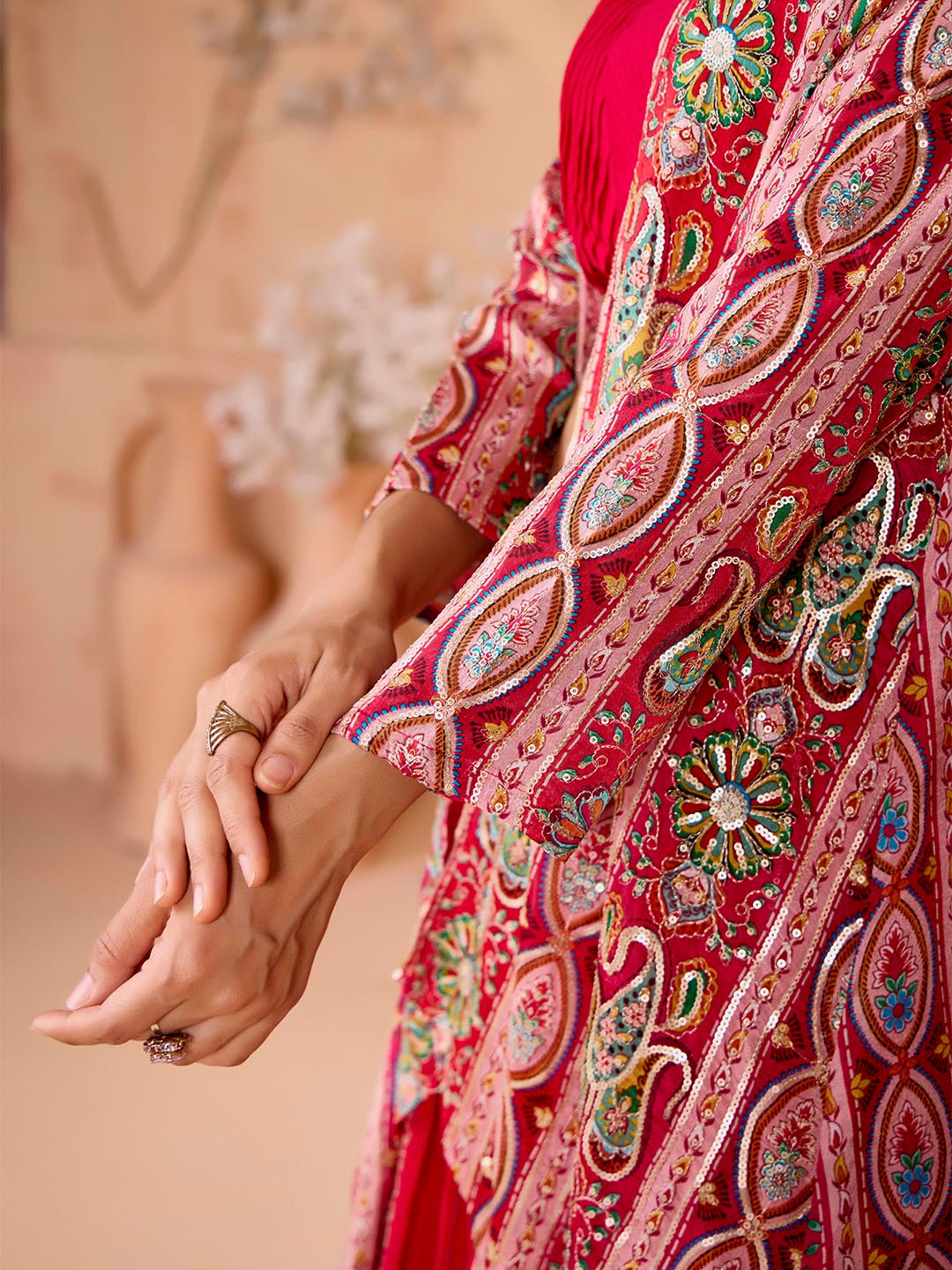 Pink Flared Lehenga Set with Self-Design Crop Top and Embroidered Shrug