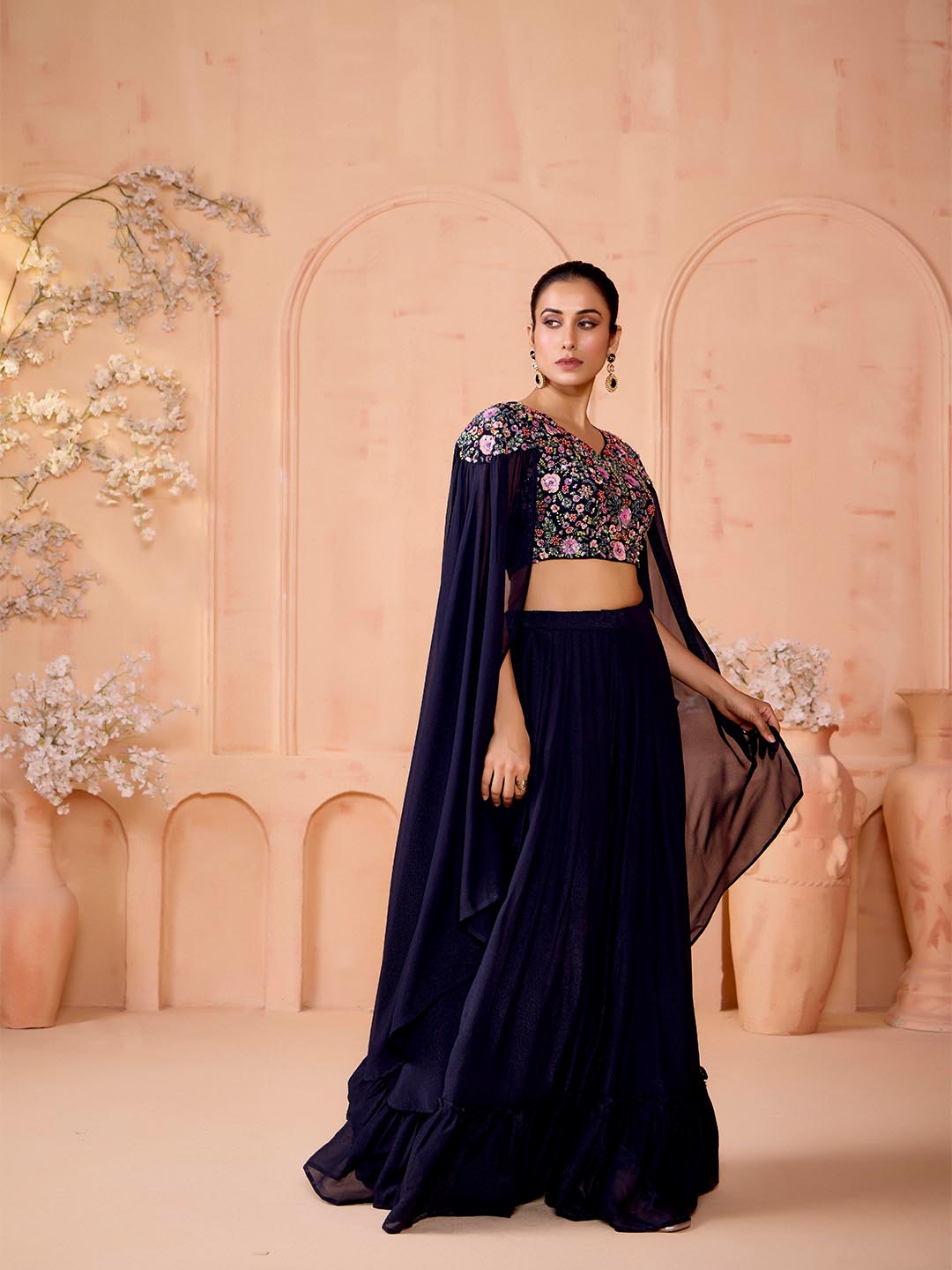 Madhuram Navy Blue Embroidered Georgette Lehenga & Crop Top Set