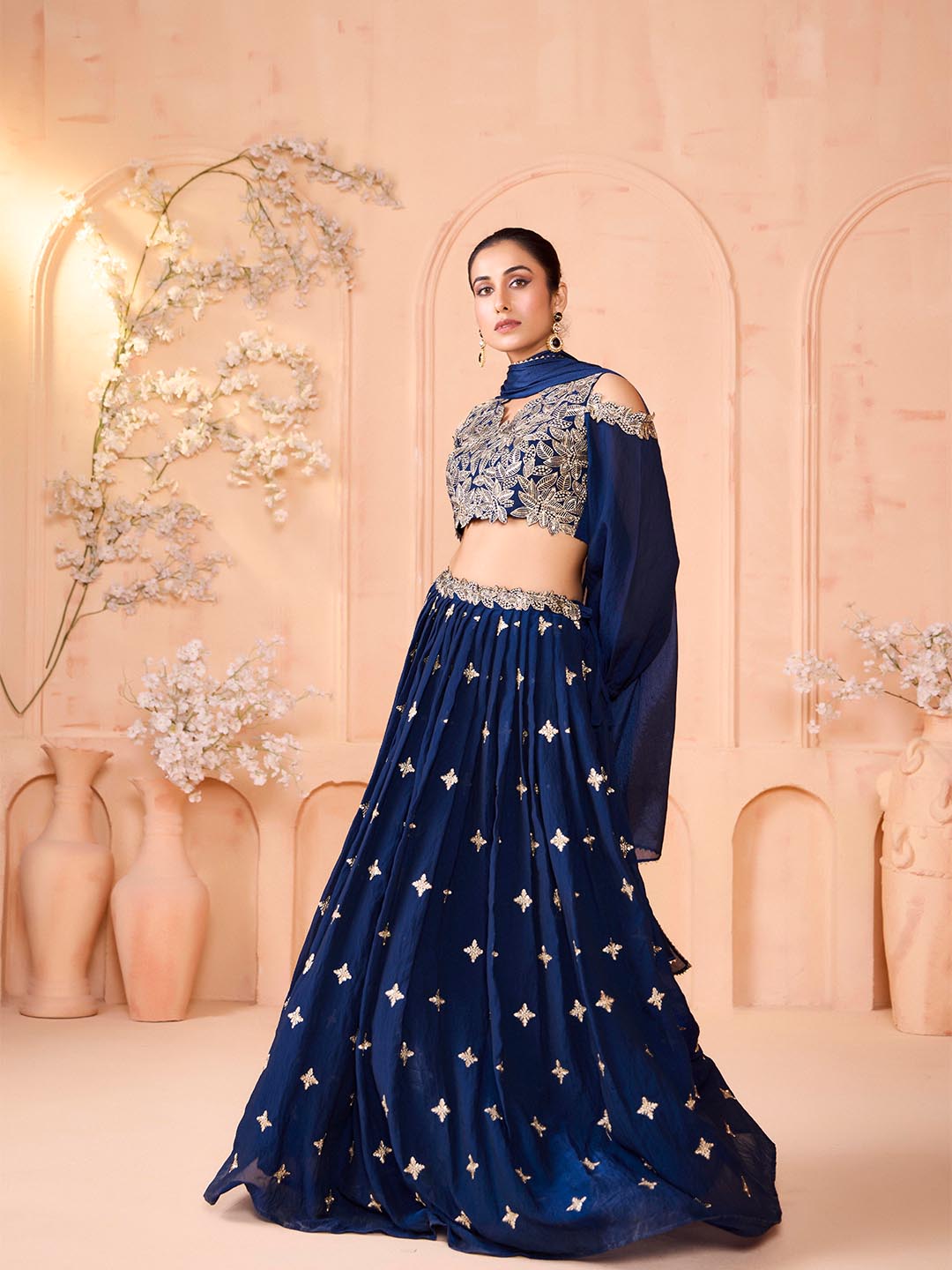 Madhuram Mor Pichh Dark Blue Embroidered Lehenga & Crop Top with Dupatta – Art Silk