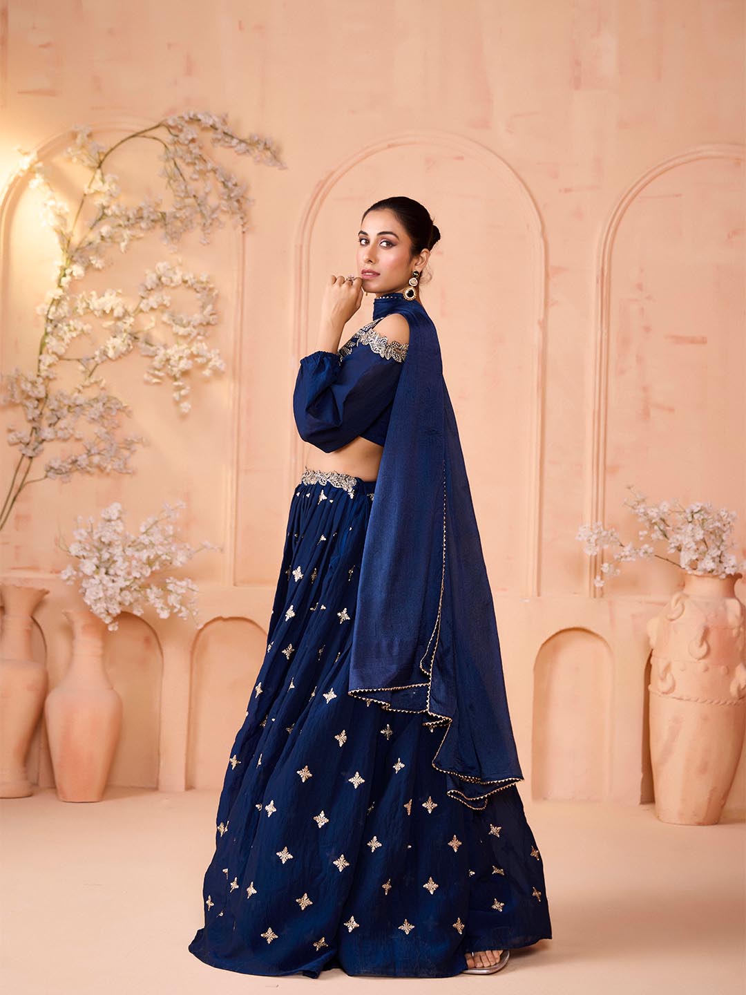 Madhuram Mor Pichh Dark Blue Embroidered Lehenga & Crop Top with Dupatta – Art Silk