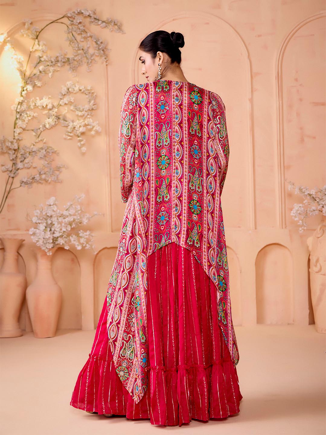 Pink Flared Lehenga Set with Self-Design Crop Top and Embroidered Shrug