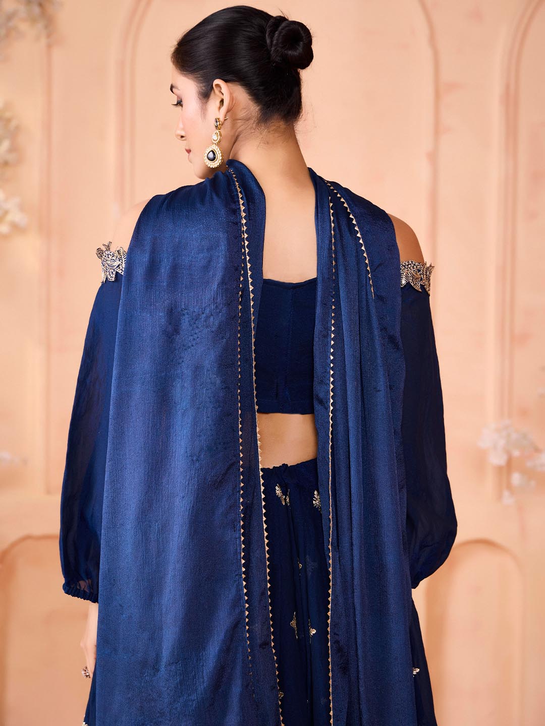Madhuram Mor Pichh Dark Blue Embroidered Lehenga & Crop Top with Dupatta – Art Silk