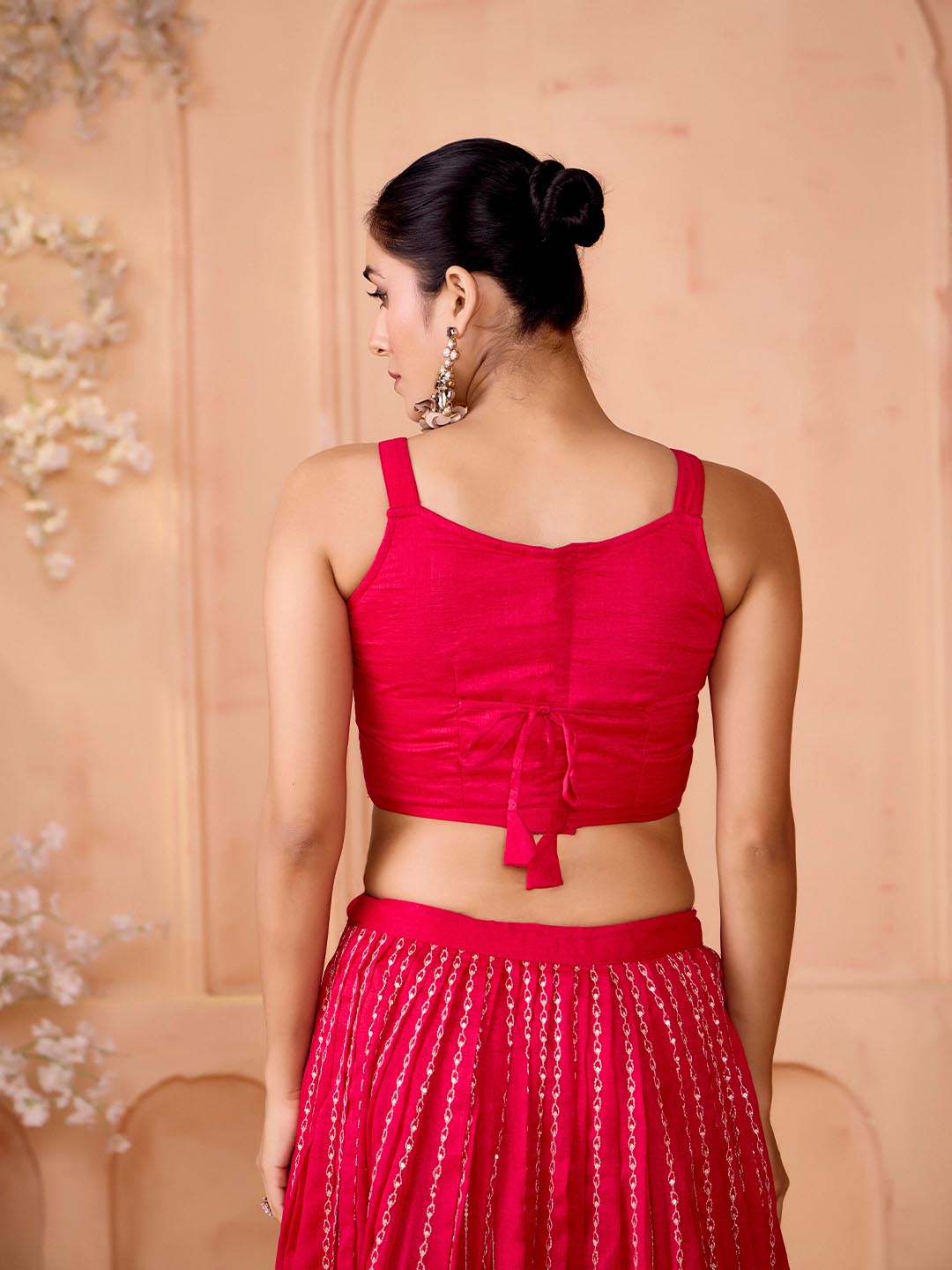 Pink Flared Lehenga Set with Self-Design Crop Top and Embroidered Shrug