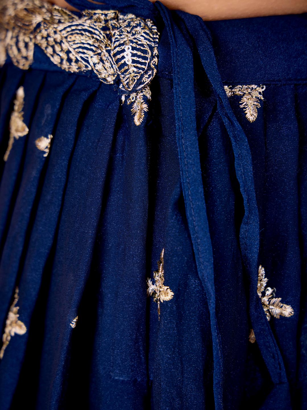 Madhuram Mor Pichh Dark Blue Embroidered Lehenga & Crop Top with Dupatta – Art Silk