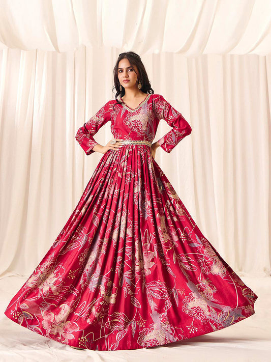 Maroon Flower Printed Rayon Anarkali Long Gown | Perfect For Parties, Engagements & Weddings