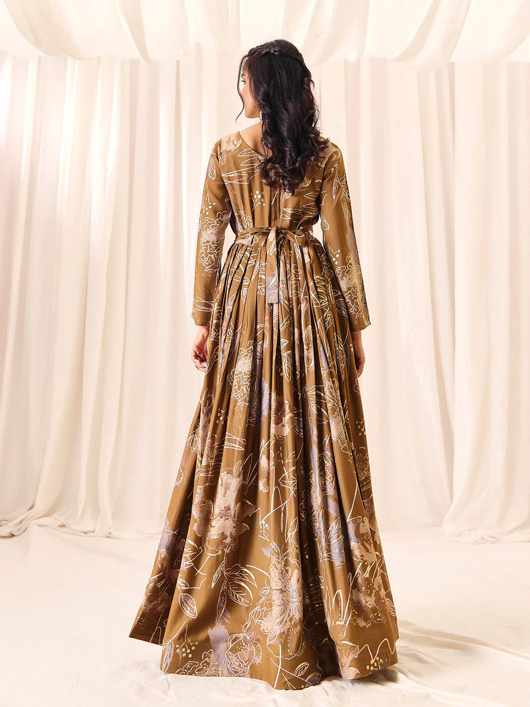 Coffee Flower Printed Rayon Anarkali Long Gown | Perfect For Parties, Engagements & Weddings