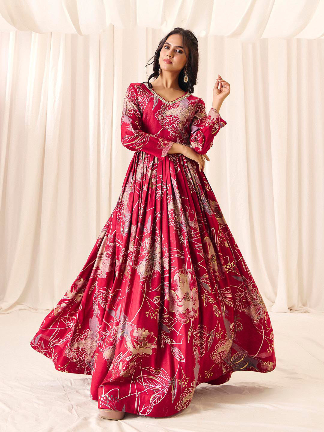 Maroon Flower Printed Rayon Anarkali Long Gown | Perfect For Parties, Engagements & Weddings