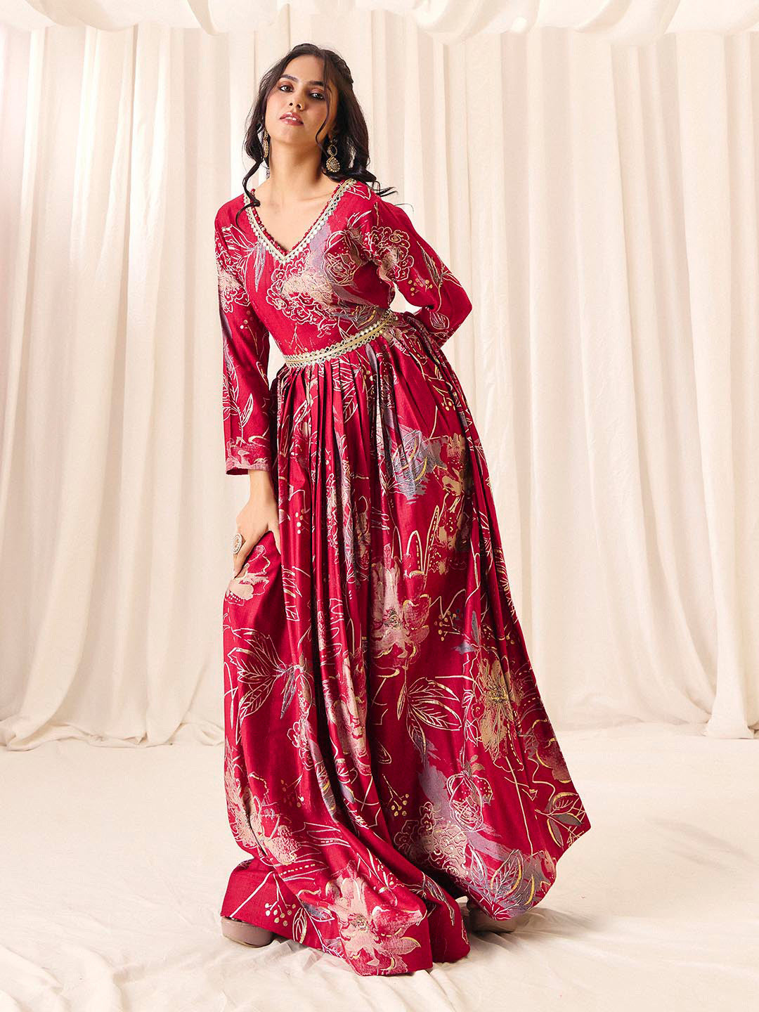 Maroon Flower Printed Rayon Anarkali Long Gown | Perfect For Parties, Engagements & Weddings