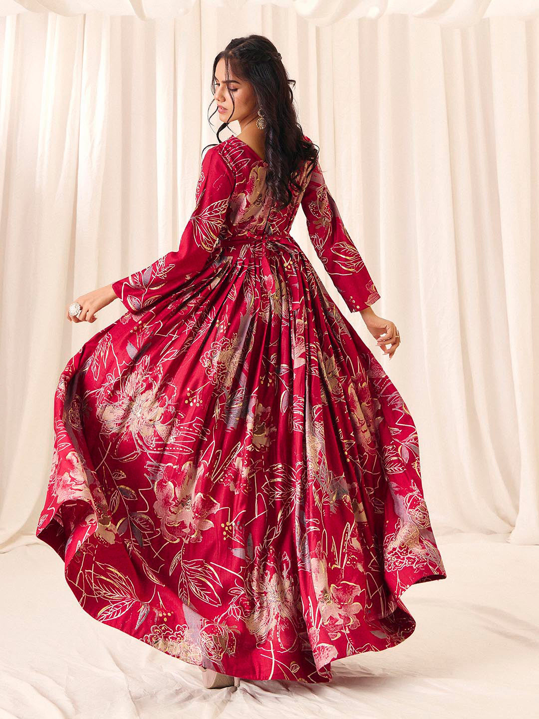 Maroon Flower Printed Rayon Anarkali Long Gown | Perfect For Parties, Engagements & Weddings