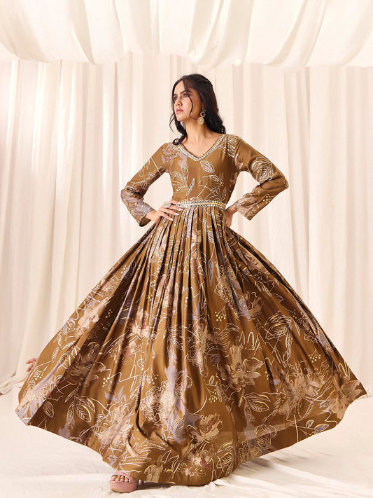 Coffee Flower Printed Rayon Anarkali Long Gown | Perfect For Parties, Engagements & Weddings