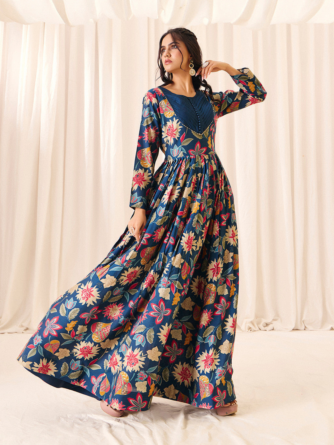 Navy Blue Flower Printed Rayon Anarkali Long Gown | Perfect For Parties, Engagements & Weddings