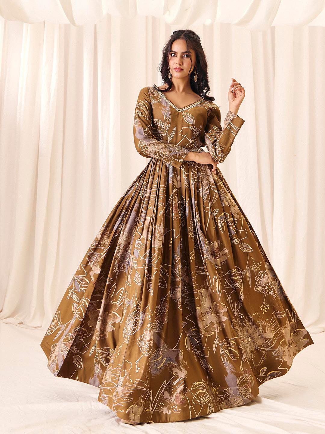 Coffee Flower Printed Rayon Anarkali Long Gown | Perfect For Parties, Engagements & Weddings