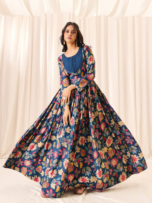 Navy Blue Flower Printed Rayon Anarkali Long Gown | Perfect For Parties, Engagements & Weddings
