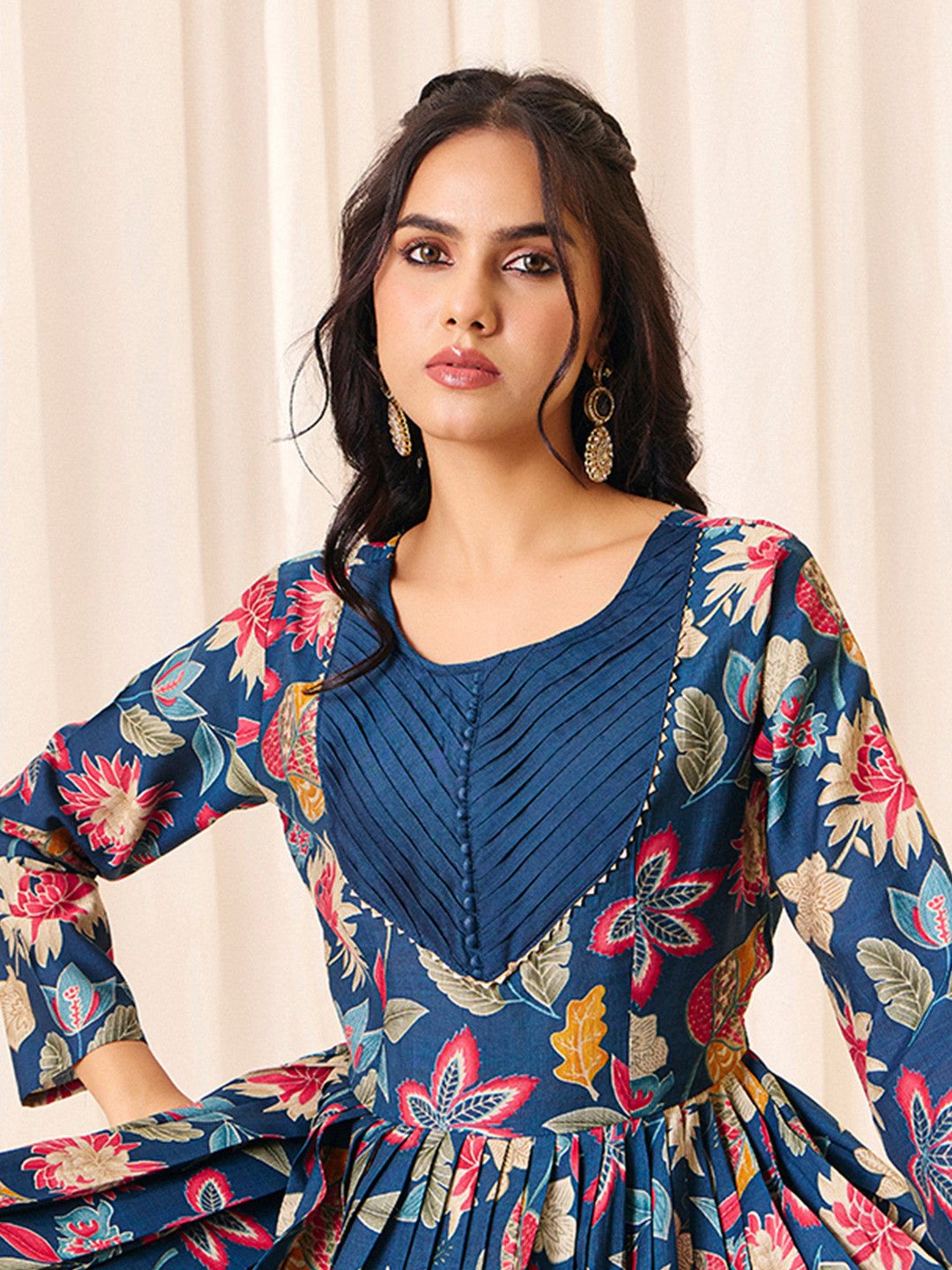 Navy Blue Flower Printed Rayon Anarkali Long Gown | Perfect For Parties, Engagements & Weddings