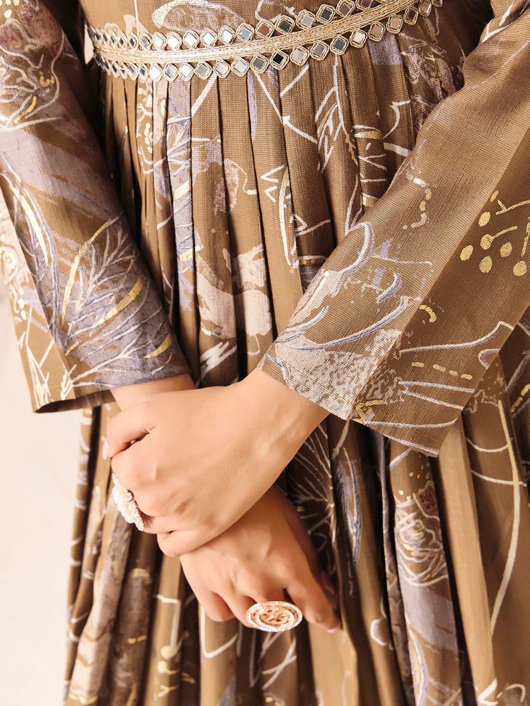 Coffee Flower Printed Rayon Anarkali Long Gown | Perfect For Parties, Engagements & Weddings