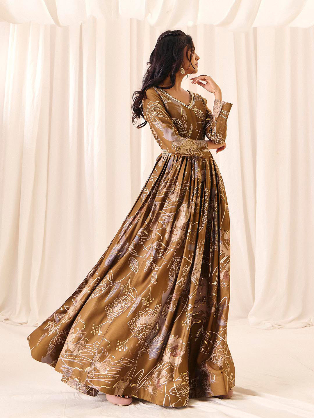 Coffee Flower Printed Rayon Anarkali Long Gown | Perfect For Parties, Engagements & Weddings