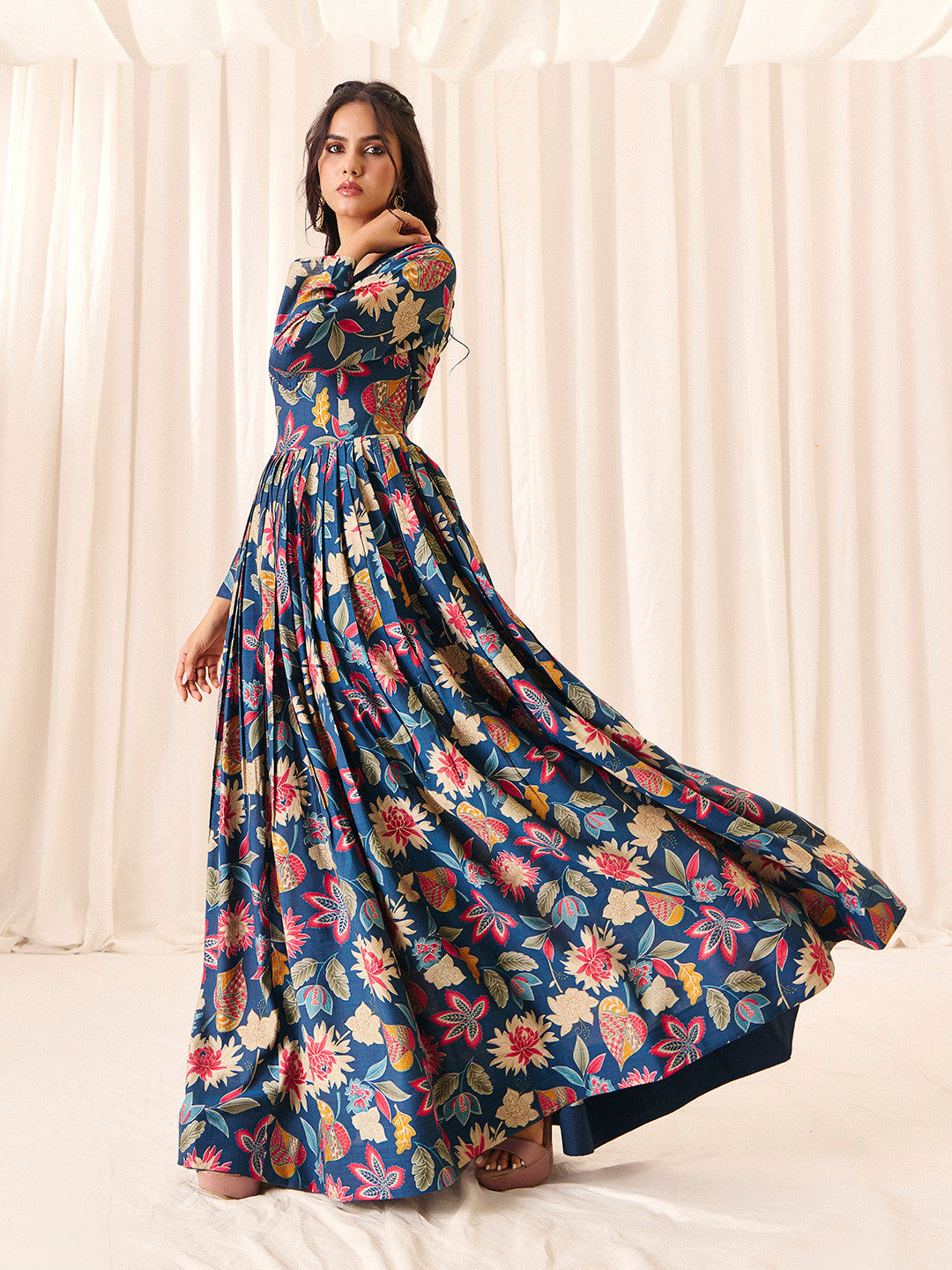Navy Blue Flower Printed Rayon Anarkali Long Gown | Perfect For Parties, Engagements & Weddings