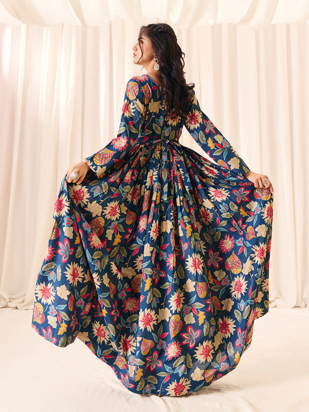 Navy Blue Flower Printed Rayon Anarkali Long Gown | Perfect For Parties, Engagements & Weddings